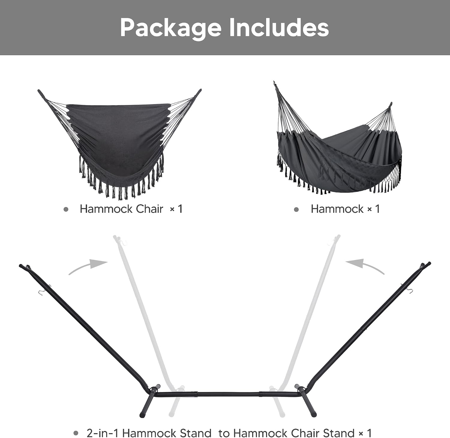 SUNCREAT 2-in-1 Hammocks Convertible Portable Double Hammock with Stand Included, Outdoor Hammock and Stand, Patented, Dark Grey with Tassel