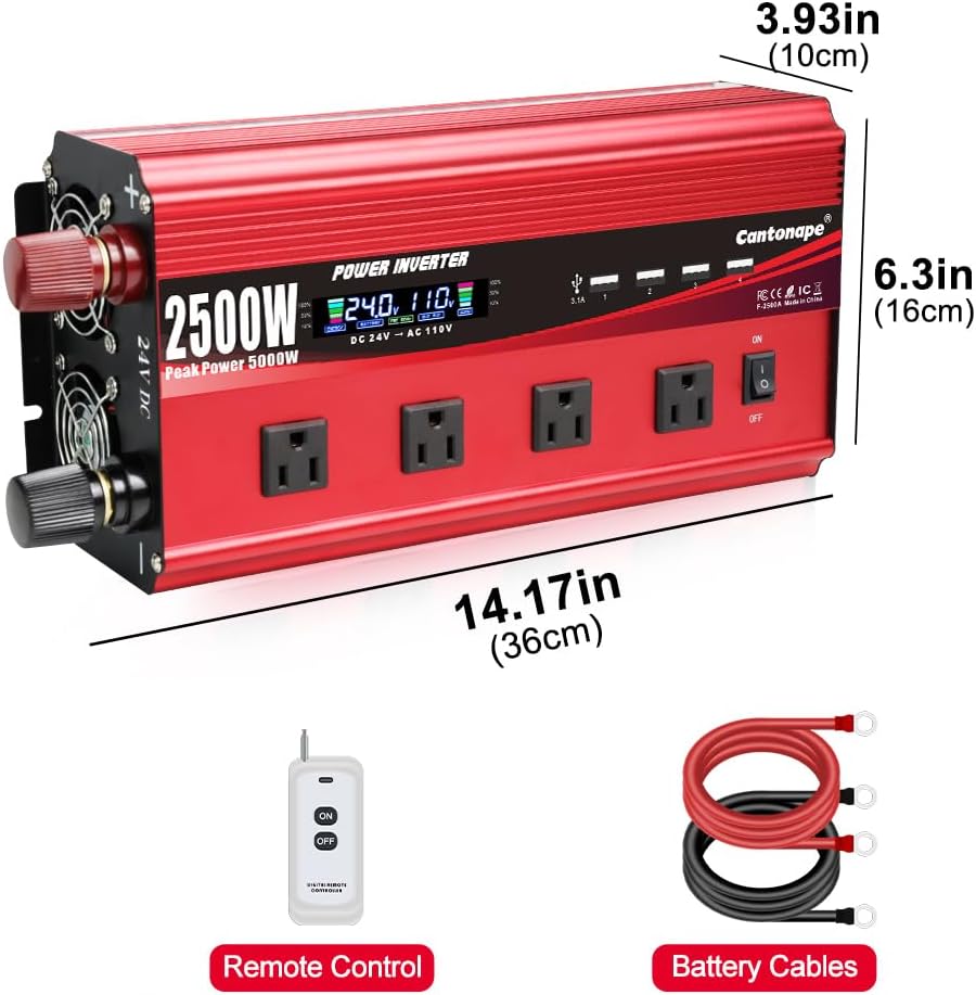 Cantonape 2500W Power Inverter 24V to 110V/120V DC to AC with LCD Display, Remote Controller 4 x AC Outlets and 4 x 3.1A USB Car Adapter for Car Truck Boat RV Solar System