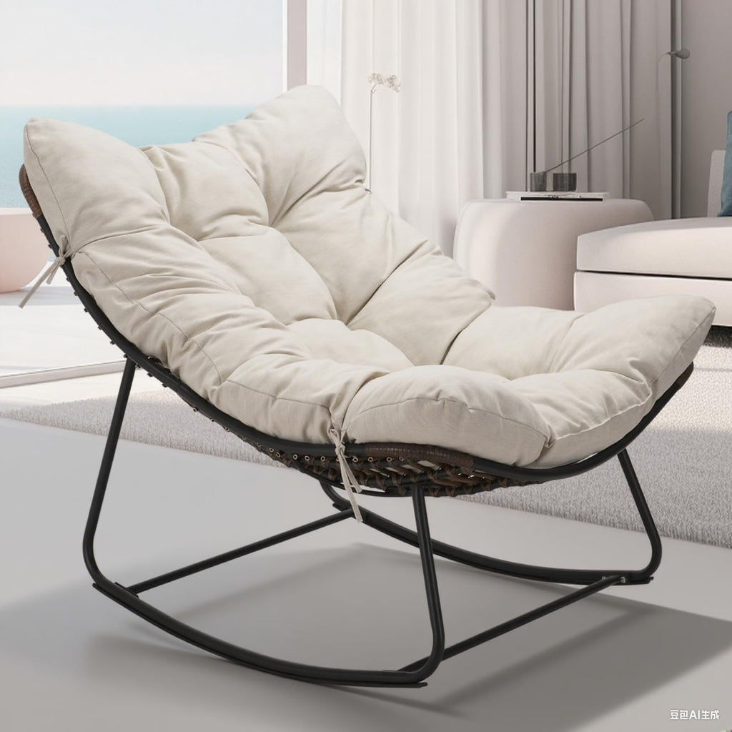 Outdoor Papasan Rocking Chair Oversized - Rocking Chair with Soft Cushion, 30° Rocker Egg Chair for Patio, Front Porch, Backyard, Living Room, Beige