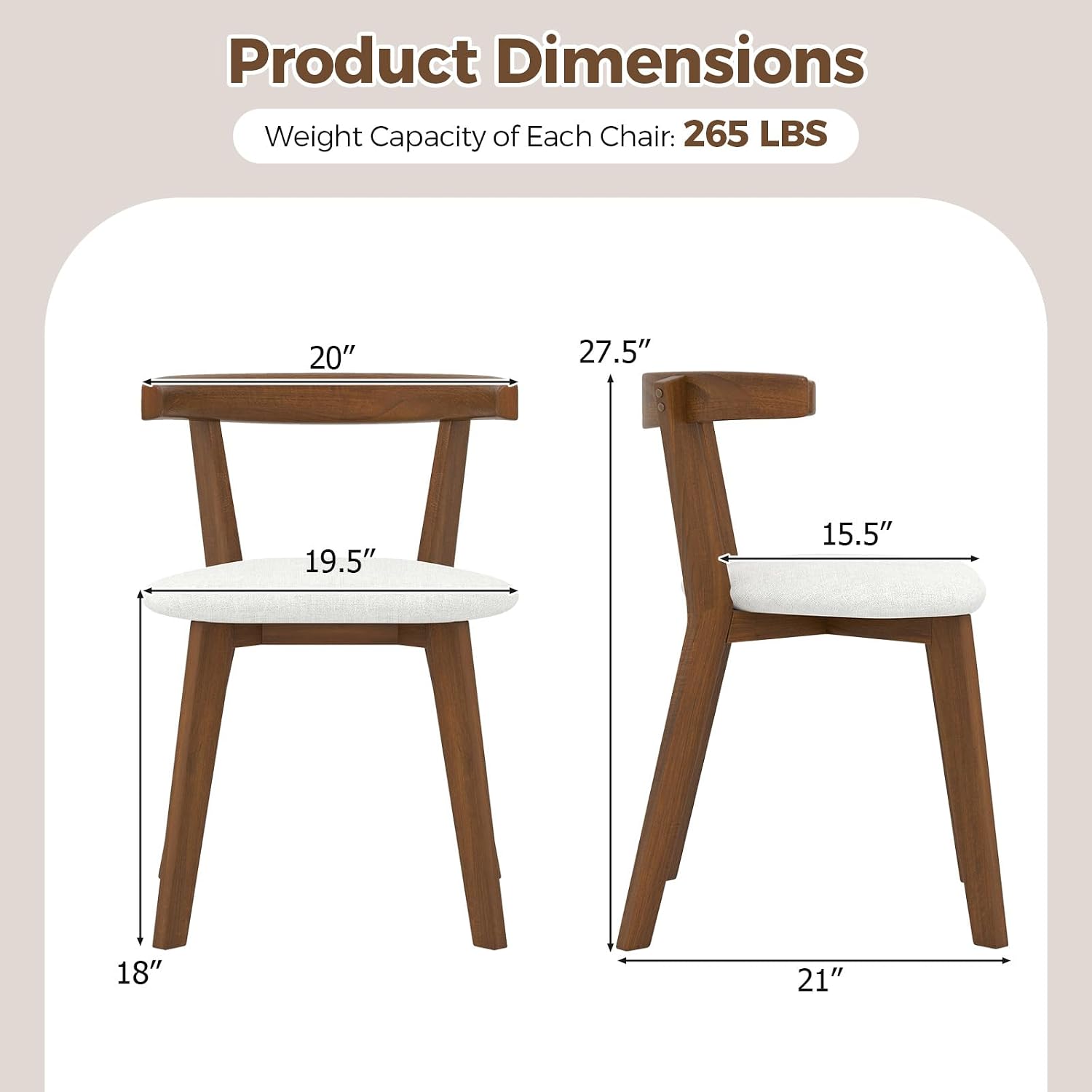Giantex Wooden Dining Chairs Set of 2, Farmhouse Hanging Kitchen Chairs w/Rubber Wood Frame, Padded Seat, Curve Back, Armless Upholstered Side Chairs for Home Living Room Dining Room, Walnut+Gray