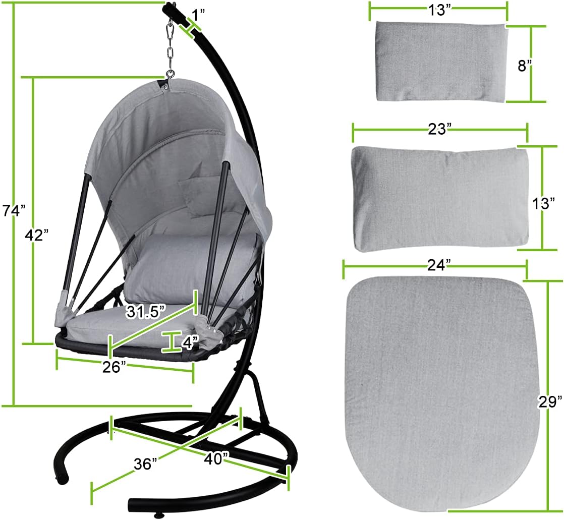 Foldable Hanging Chair Swing Hammock Egg Chair PE Rattan Wicker Seat w/Padded Cushion Headrest Pillow Canopy for Outdoor, Indoor, Grey