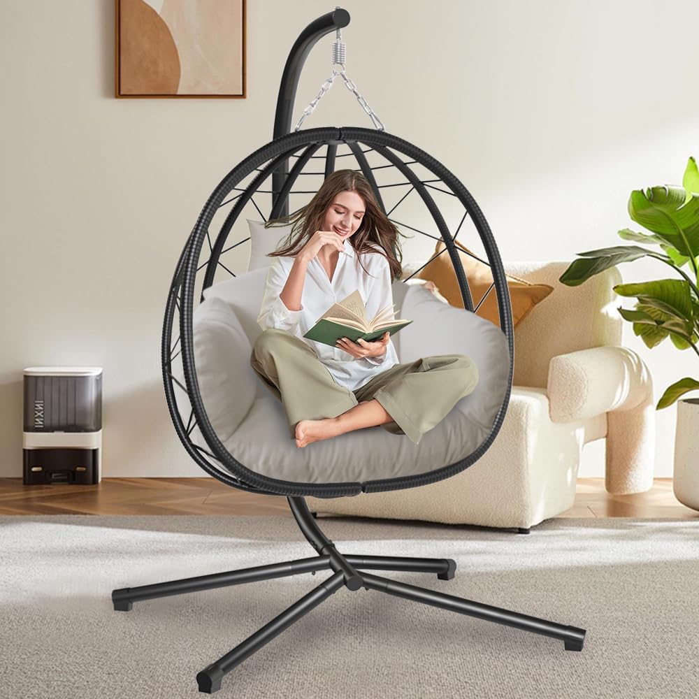 Egg Chair with Stand Hanging Swing Outdoor Indoor Rattan Wicker with UV Resistant Cushions and Pillow Gift for Kid Mom for Bedroom Patio Balcony Nest Chair