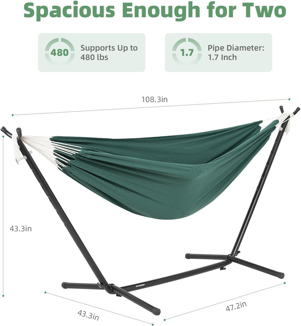 EchoSmile Double Hammock with Detachable Stand - 480 lbs Heavy Duty 2 Person Adjustable Hooks Indoor Outdoor Stand Hammock Durable Steel Frame, Green