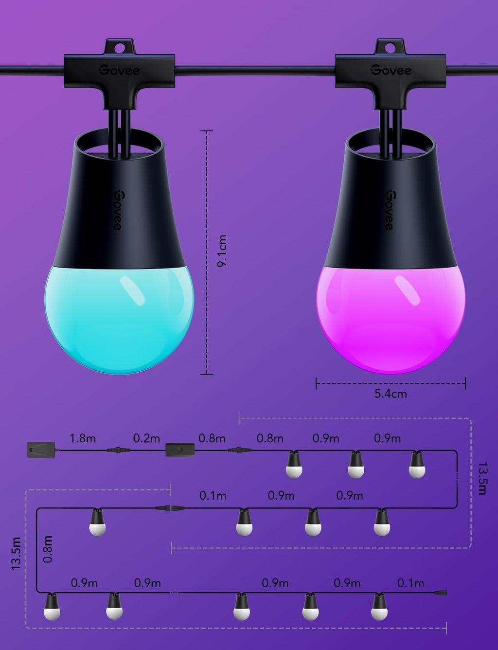 Govee Smart Outdoor String Lights 2, 96ft RGBIC Outdoor Lights with Dimmable Warm White LED Bulbs, 47 Scene Modes for Patio, Backyard, IP65 Waterproof, Compatible with Alexa, App Control