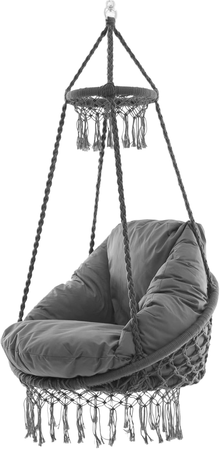 Vivere Deluxe Polyester Macrame Chair with Plush Cushion and Fringe (Fog Grey)