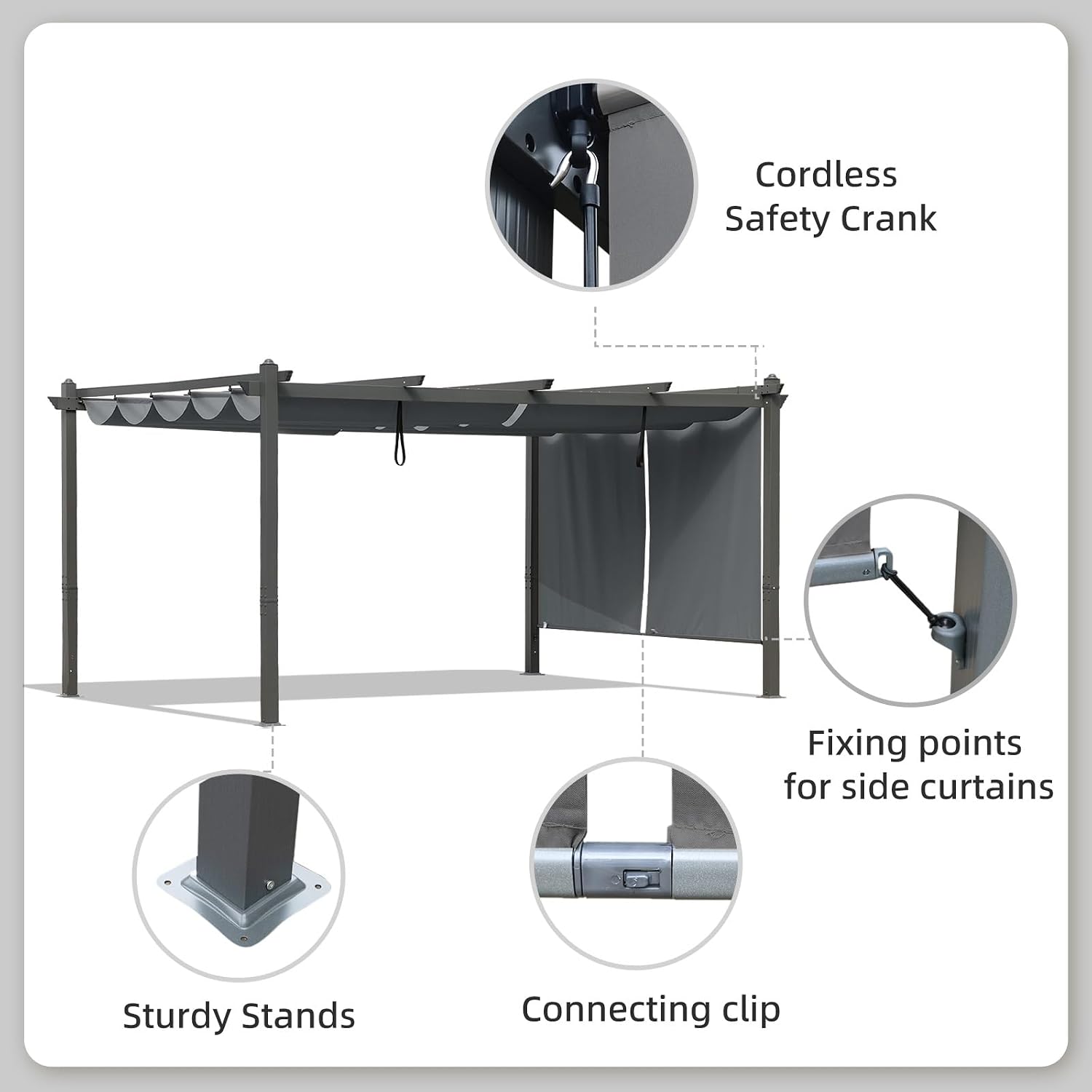 BPS 12x14 FT Outdoor Pergola - Retractable Shade Canopy with Aluminum Frame & Roller Shade Curtains for Patio, Backyard, or Deck, Gray