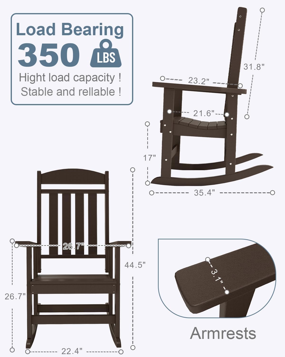 NAVINE Outdoor Rocking Chairs Set of 2, Oversized High Back Patio Rocking Chairs, All Weather Porch Rocking Chairs for Outside. Coffee
