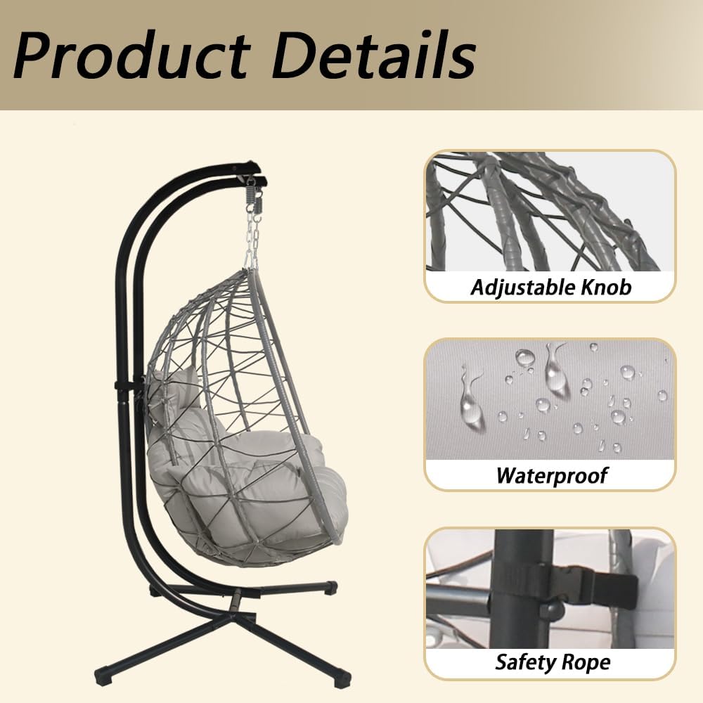 Double Egg Chair with Stand Patio Love Seats Chair w/Cushion Outdoor Waterproof Hanging Swing Wicker Rattan Basket (Double Gray)
