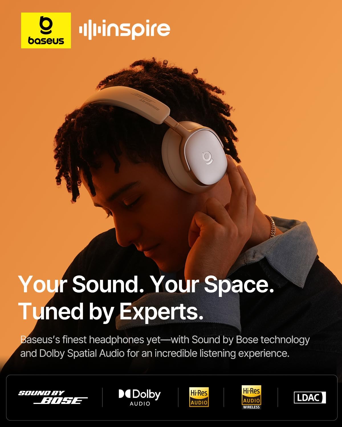 Baseus Inspire XH1 Adaptive Active Noise Cancelling Headphones, Sound by Bose, Dolby Audio, Premium Real-Time Adaptive ANC, Adaptive Rich Sound, Hi-Res Audio, 100H Playtime - Starlight Off-White