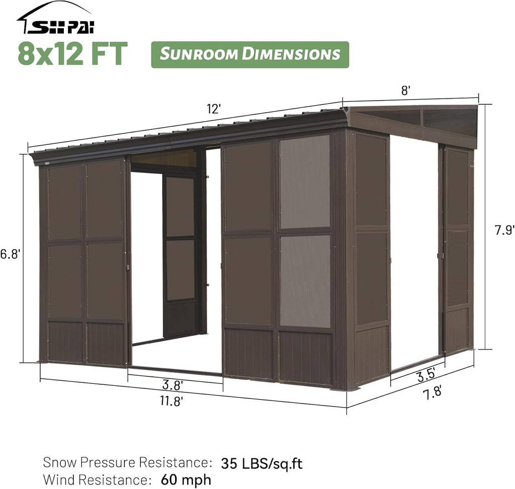 8x12FT Wall Mounted Sunroom Kit with 3 Sliding Double Doors (Front and 2 Sides), Patio Small Solarium All Season, Enclosed Lean to Gazebo with Galvanized Steel Roof and PC Windows for Backyard