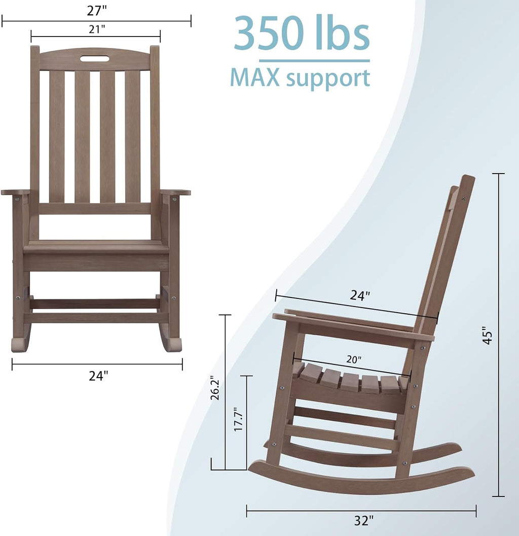Psilvam Oversized Outdoor Rocking Chair Set of 2, Porch Rocker with 21' Wide Seat and 32' Tall Backrest, Pre-Assembled with Most Components for Effortless Installation (Brown)