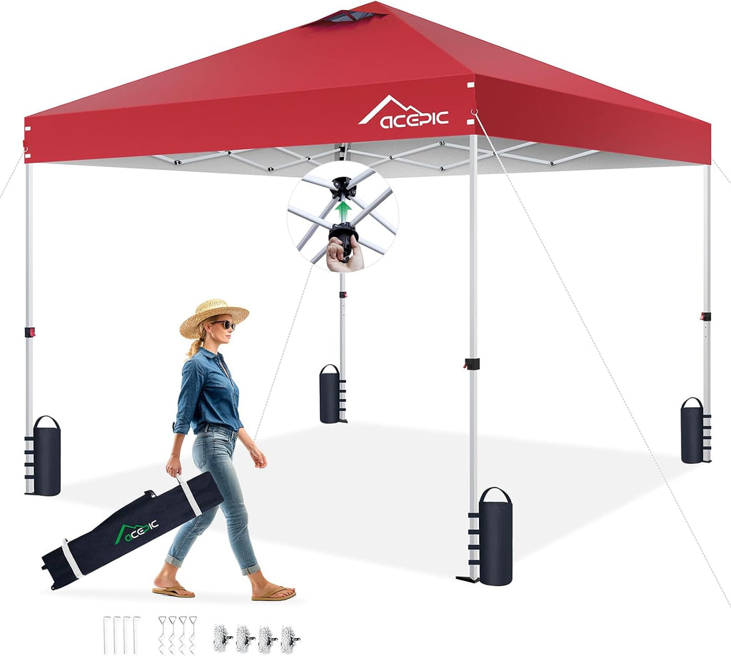 Acepic 10x10 Pop Up Canopy Tent,300D Silver-Coating Top,Pop Up Canopy Tent Instant Portable Shelter with 1-Button Push and Wheel Carry Bag, 8 Stakes and 4 Canopy Weights (Lava Red, 10x10)