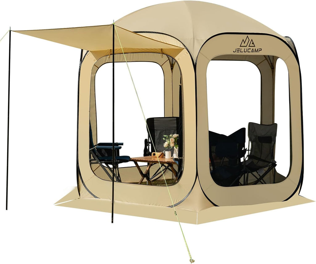 JELUCAMP 10x10 FT Pop Up Screen House Tent - Instant Screened Gazebo Canopy with Mosquito Net, Portable Backyard Tent for 4-6 People, Easy Setup Patio Shelter for Camping, BBQ, Sports & Outdoor