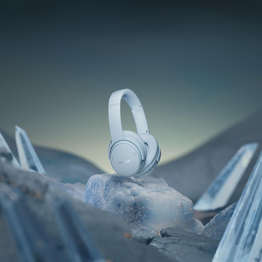 Bose QuietComfort Headphones - Wireless Bluetooth Headphones, Active Over Ear Noise Cancelling and Mic, Deep Bass Bundle + Desktop Headphone Stand + Green Extreme Dual Wall Charger (Ice Blue)