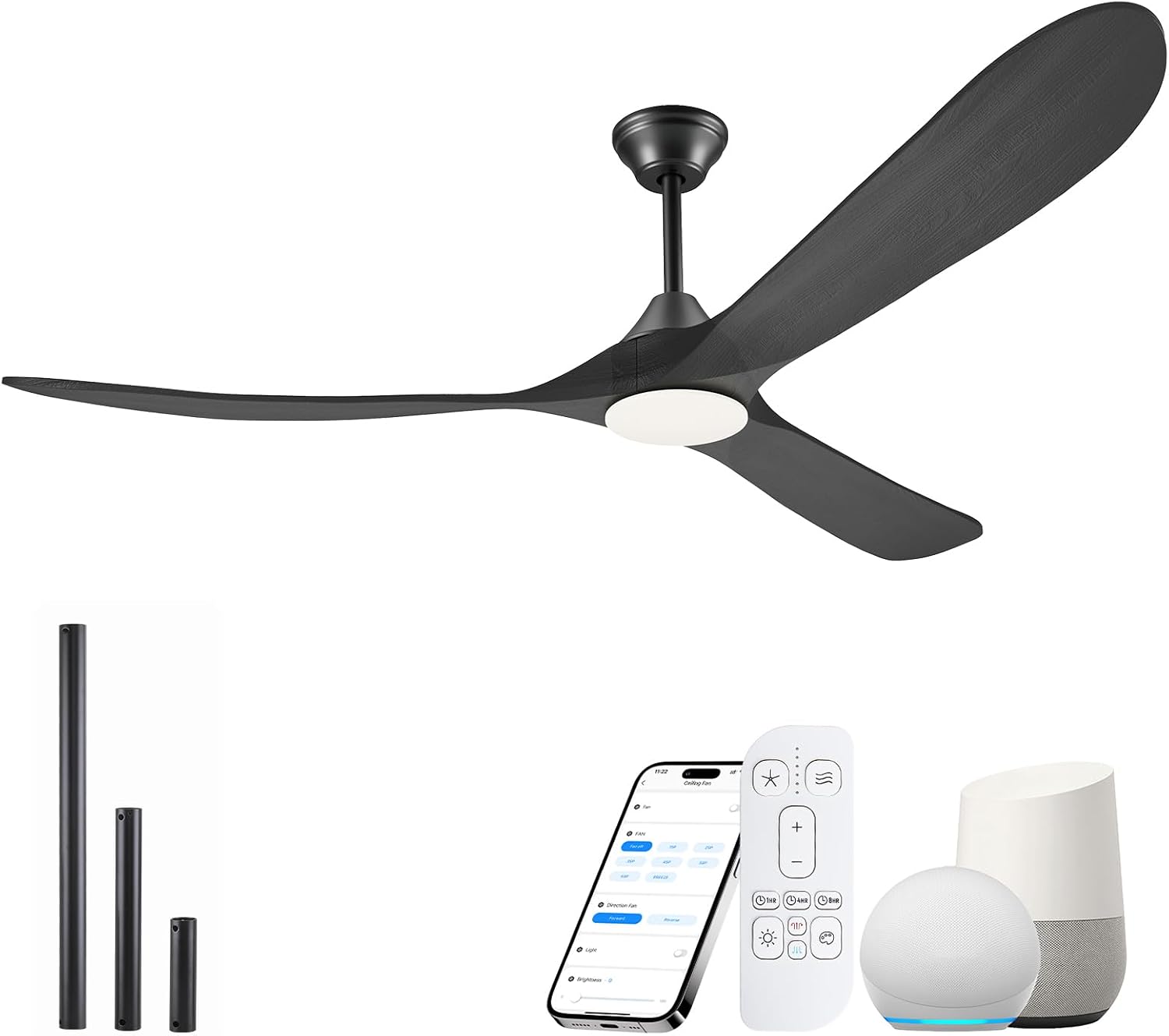 60 Inch Black Outdoor Ceiling Fans with Lights, Smart Ceiling Fan with Remote/APP/Alexa Control, Solid Wood Farmhouse Ceiling Fan for Patios Porch Bedroom, Quiet Reversible DC Motor, Indoor/Exterior