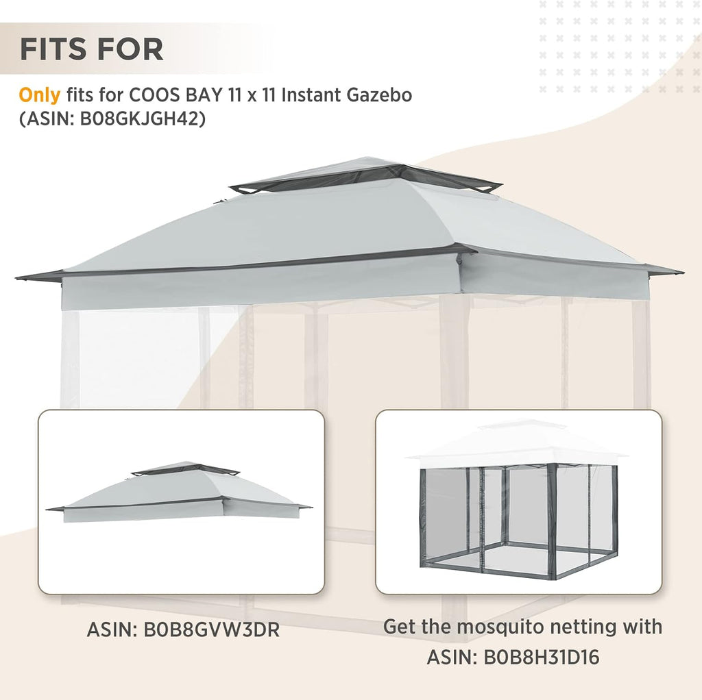COOS BAY 11x11 Replacement Gazebo Top with Air Vent Sunshade Polyester Top Cover Only, Gray