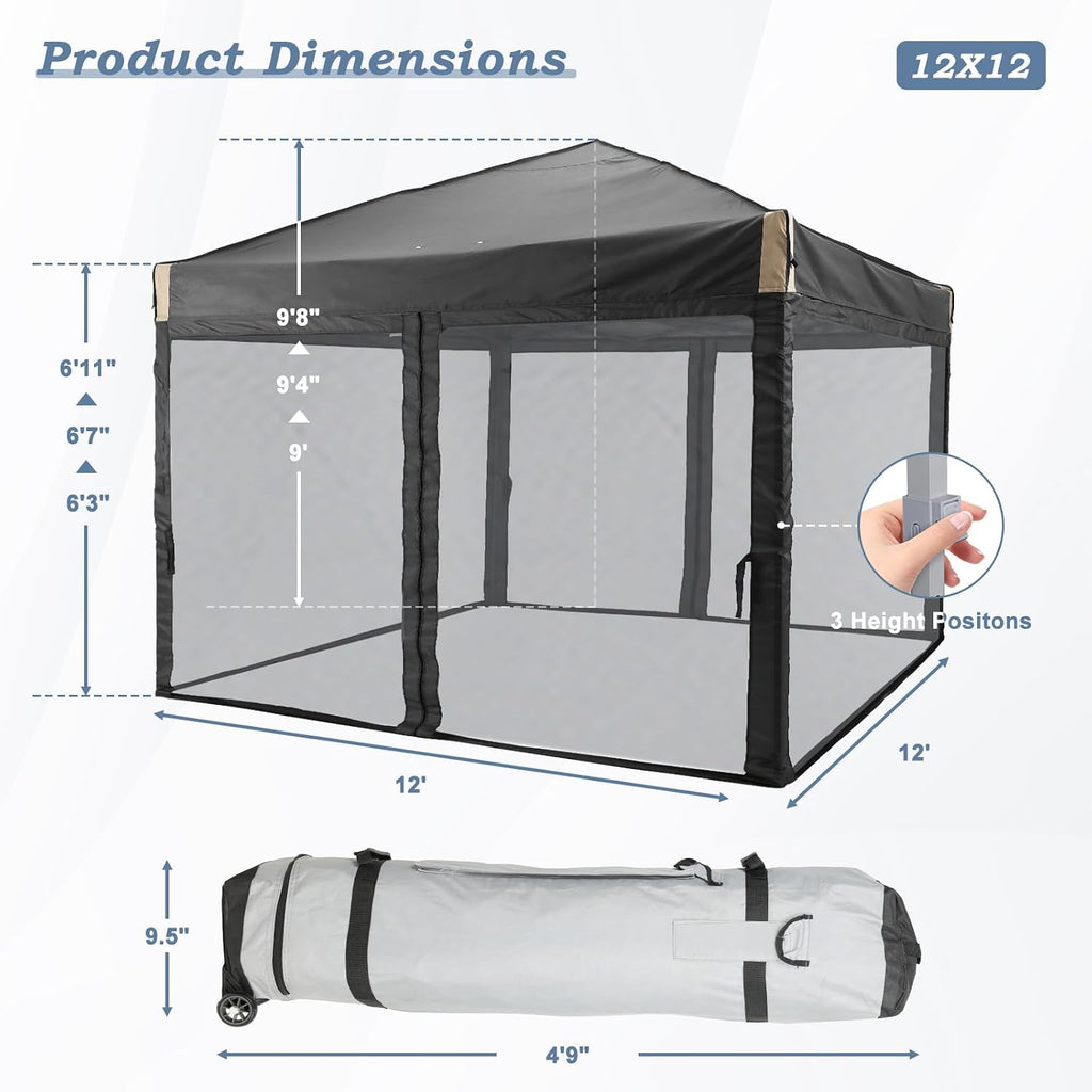 Aoodor 12x12 Ft Pop Up Canopy Tent with Netting, Water-Resistant 210D Oxford Fabric Shade, Easy Assembly Commercial Gazebo with Wheeled Carry Bag & 4 Sand Bags for Camping, Party, Black