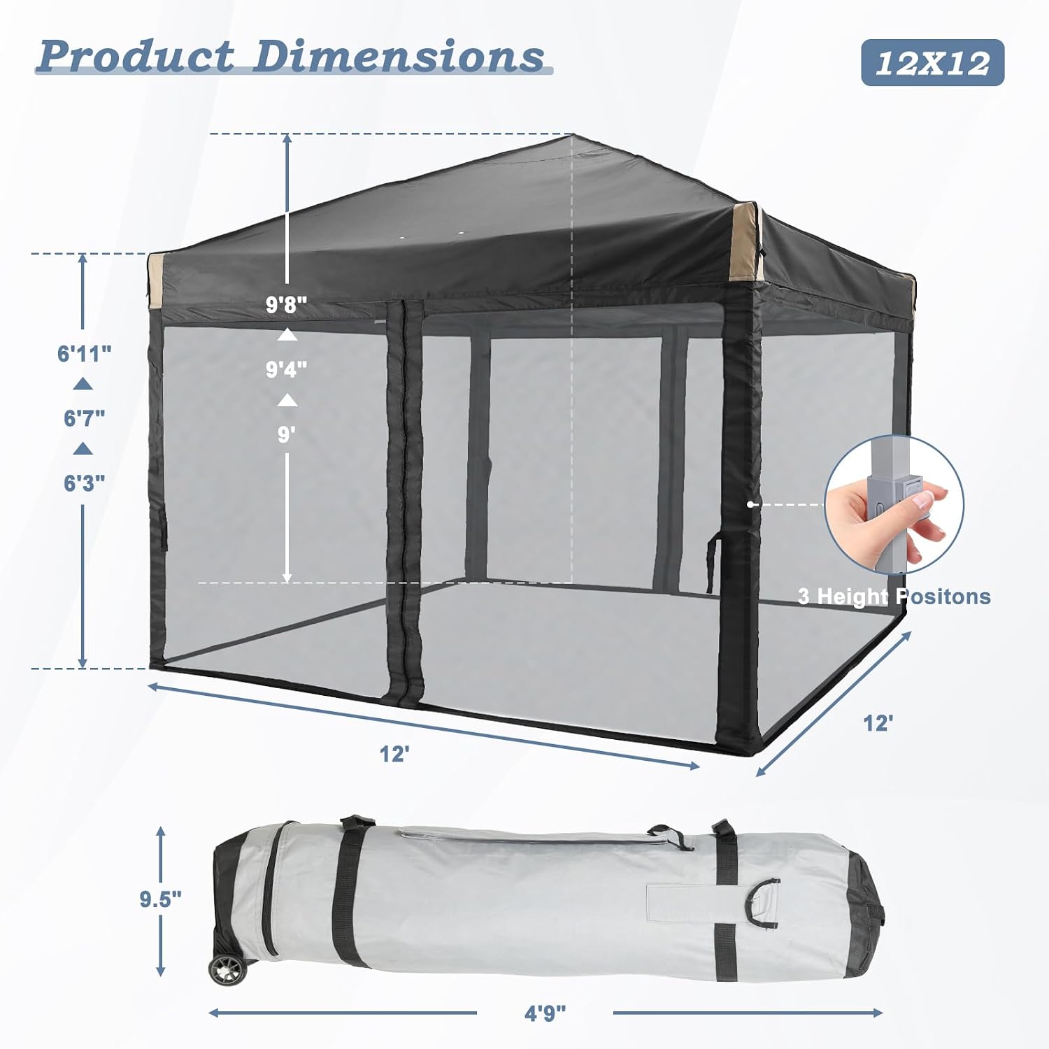 Aoodor 12x12 Ft Pop Up Canopy Tent with Netting, Water-Resistant 210D Oxford Fabric Shade, Easy Assembly Commercial Gazebo with Wheeled Carry Bag & 4 Sand Bags for Camping, Party, Black