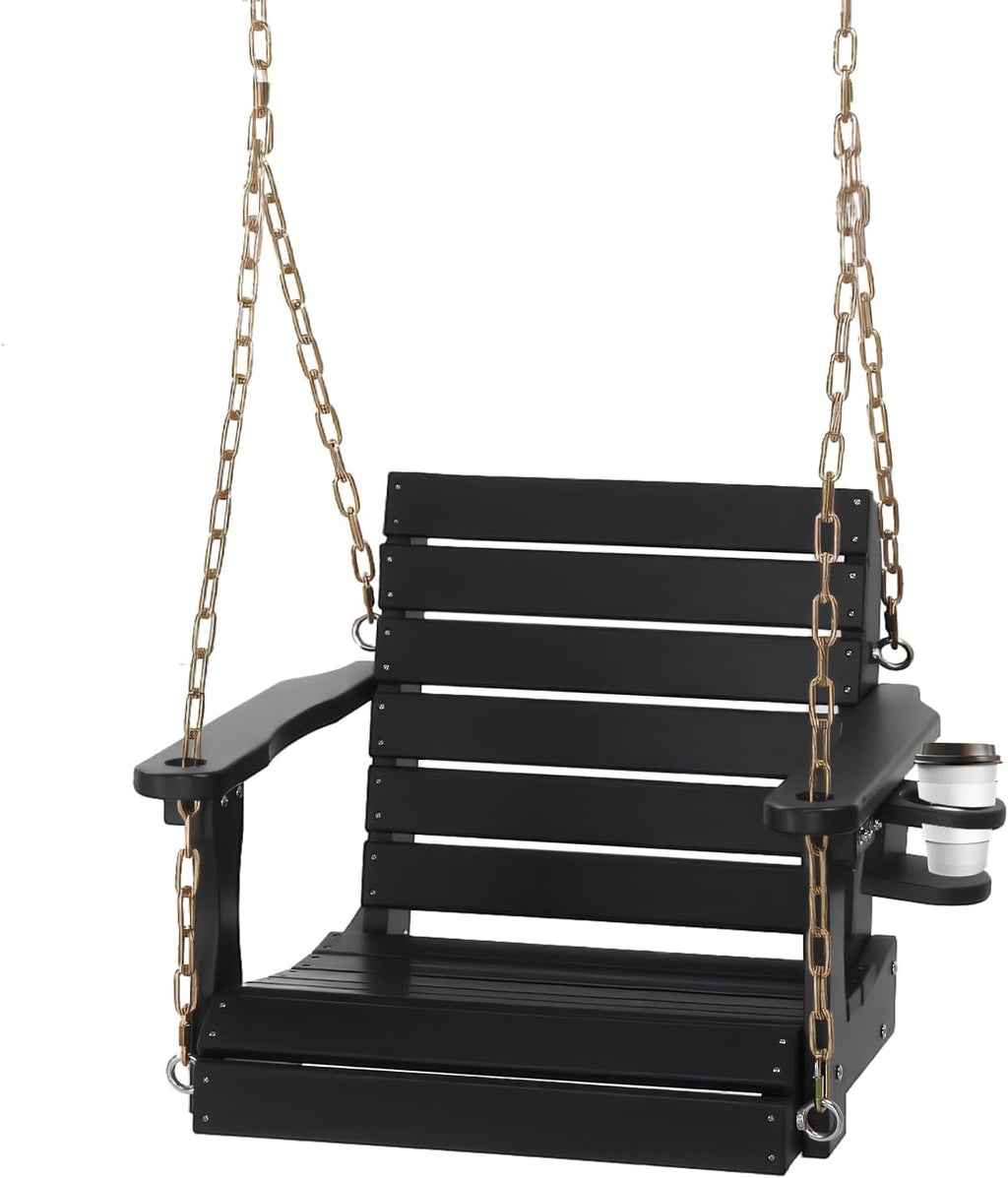 VINGLI Heavy Duty 880 LBS HDPE Porch Swing Outdoor with Rotatable Cup Holder, with Adjustable Chains, 1 Person Hanging Porch Swing Chair for Porch, Yard, Tree, Garden - Black