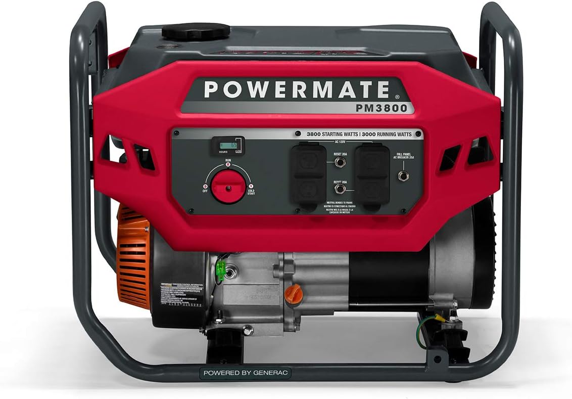 Powermate PM3800 3,800-Watt Gas-Powered Portable Open Frame Generator - Ultra-Quiet Performance - Ideal for Home, Camping, RV and Outdoor Activites - Engine Powered by Generac - 49 State - Red/Black