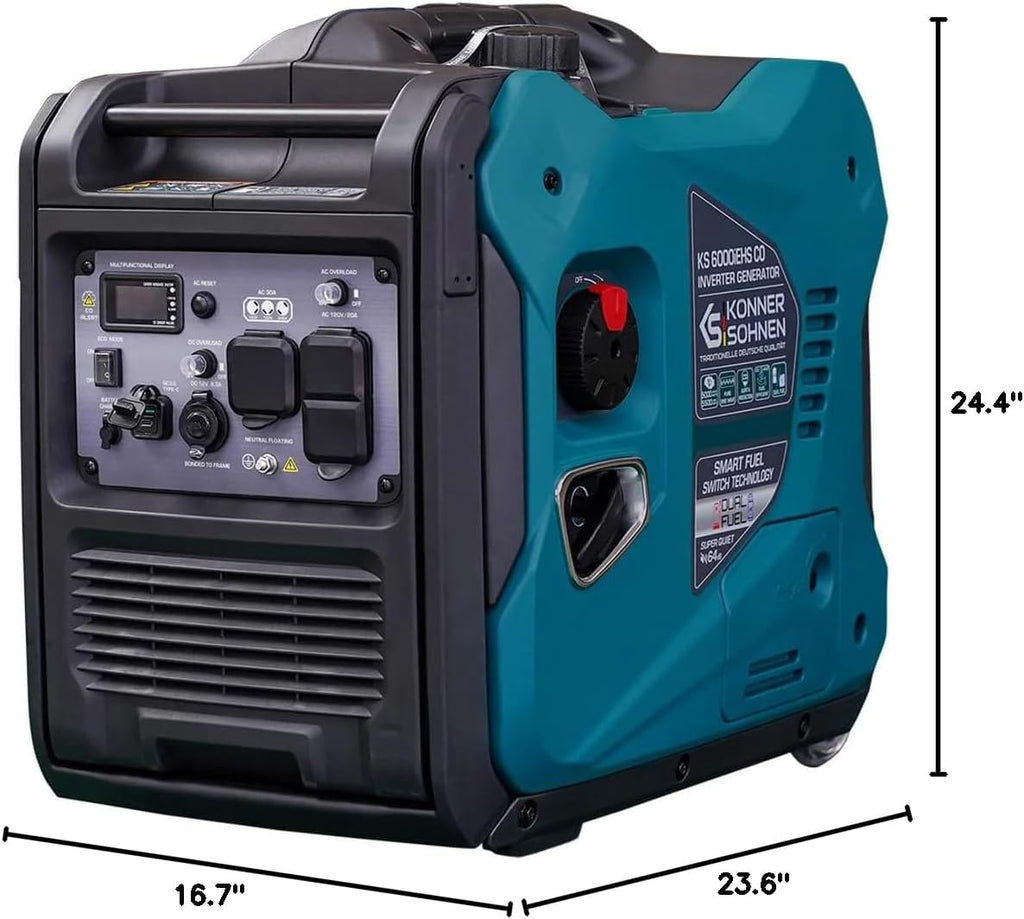 Konner&Sohnen Dual Fuel Inverter Generator - 6000W, 120/240V, Portable and Lightweight, Super Quiet with CO Sensor and Fuel-Efficient Technology, Gas & LPG Powered (German brand,model:KS 6000iEHS CO)