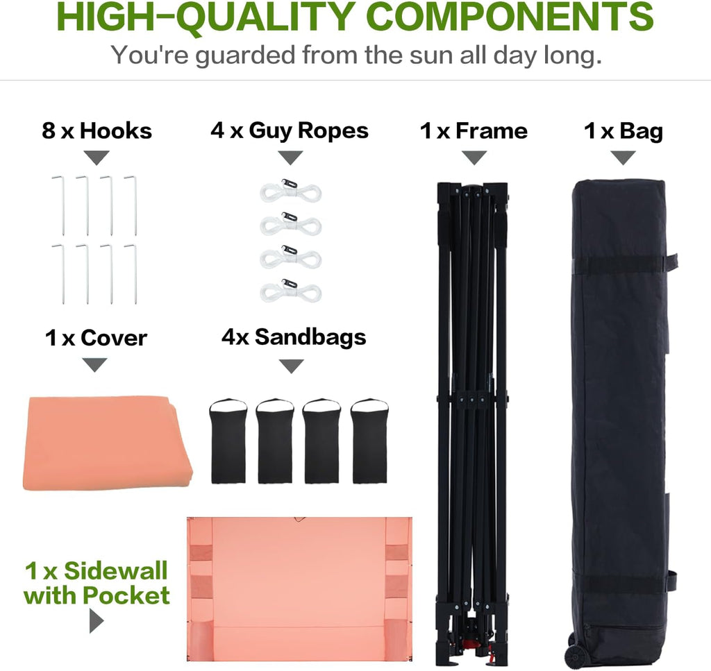 Tunbne 10'x10' Pop Up Canopy Tent with 1 Sidewall and 6 Pockets, One Push Setup, Instant Shade Tent with Vented Roof for Beach Patio Outdoor, Case, 8 Stakes, 4 Ropes, 4 Sandbags (Ocher, 10x10)
