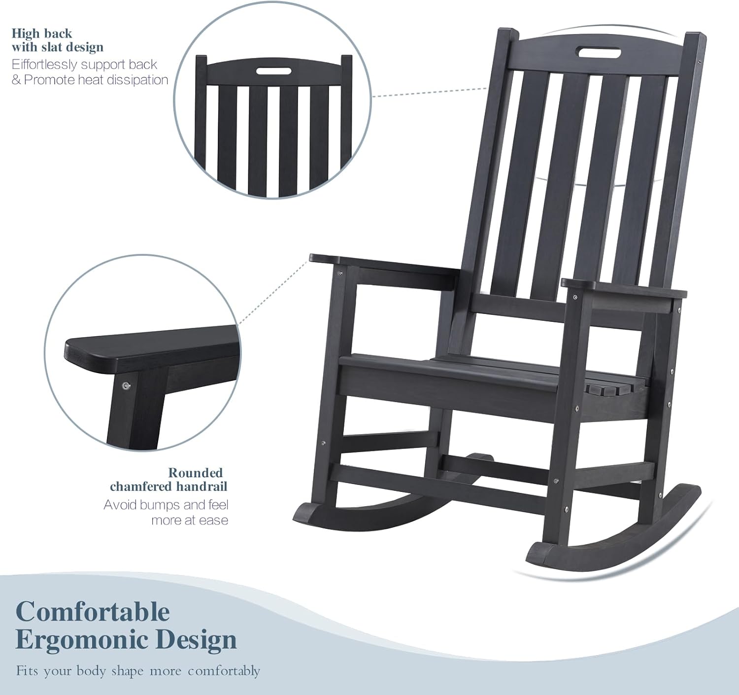 Psilvam Oversized Outdoor Rocking Chair, HDPE Porch Rocker Chairs for Adults, All Weather Resistant Rocking Chairs for Patio Lawn Garden, 350lbs Weight Capacity (Black)