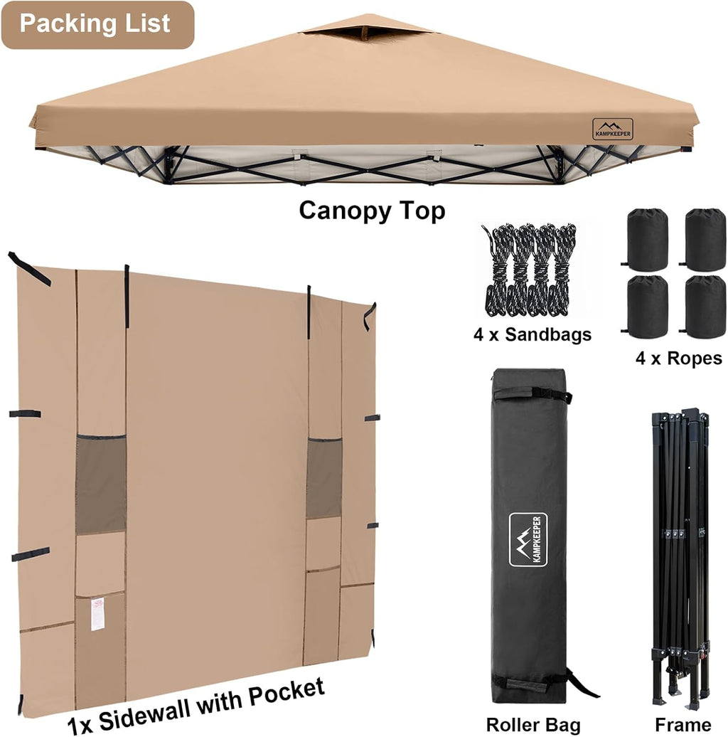 KAMPKEEPER 10x10 Easy Pop Up Canopy Tent with Sidewalls, Instant Outdoor Shade Shelter with Removable 10FT Sun Walls, Quick Setup Waterproof and UV-Resistant for Patio (Khaki, 10x10FT with 1 sidewall)