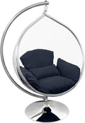 Hanging Chair - Transparent Acrylic Bubble, Waterdrop Shape, Indoor Swing Chair with Gold/Chrome Stand, Durable Fabric Cushion - Luxury Accent for Living Room, Bedroom (Chrome/NavyBlue)