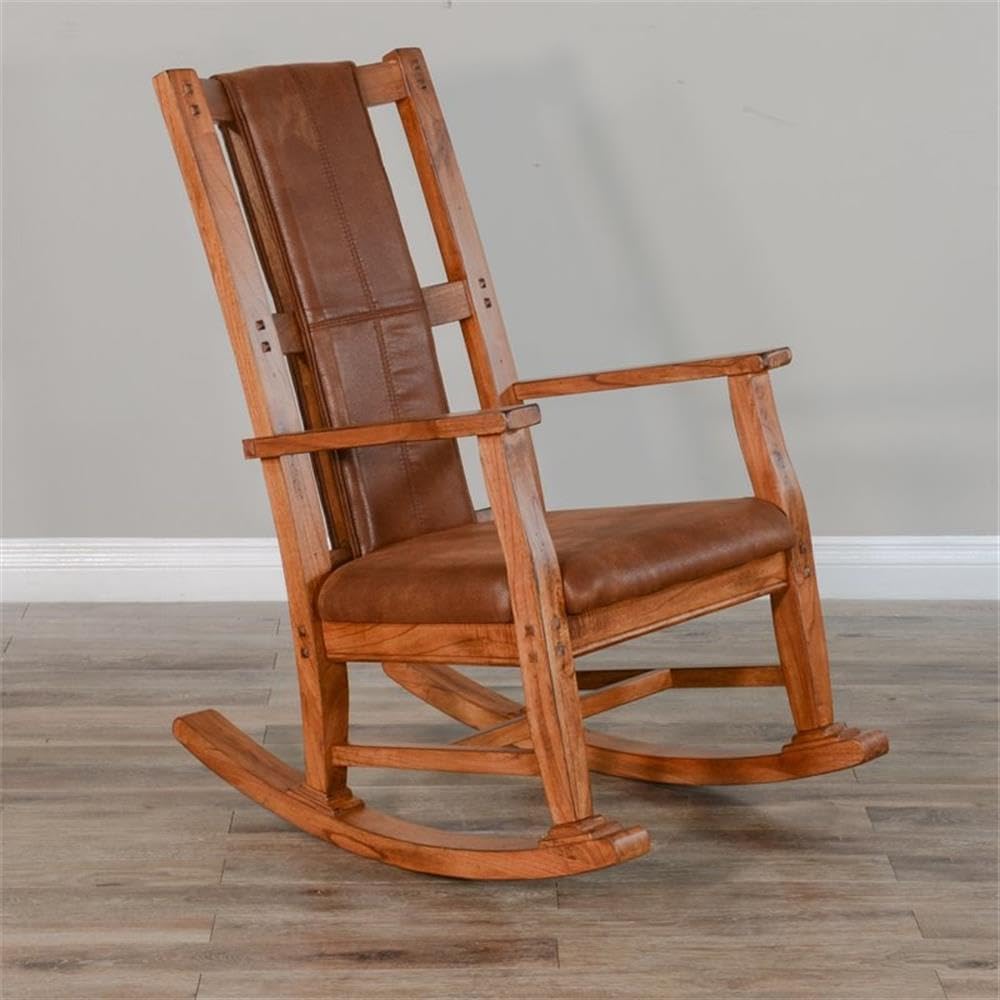 Pemberly Row Mahogany Rocking Chair with Cushioned Seat and Back, Studded Accents, Smooth Rocking Motion, Rustic Oak