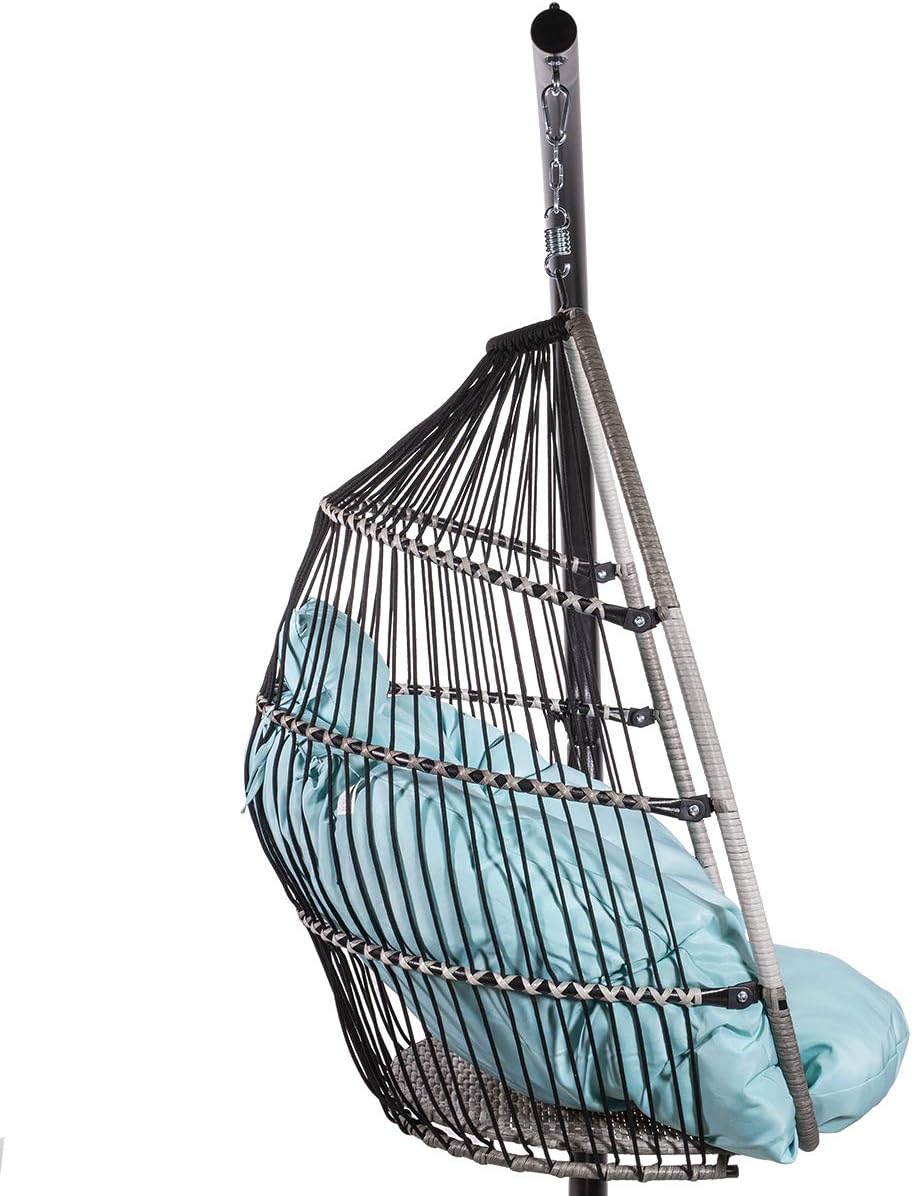 Barton Outdoor Wicker Hanging Chair Swing Chair Patio Egg Chair UV Resistant Soft Deep Fluffy Cushion Relax Basket Porch Lounge (Aqua)