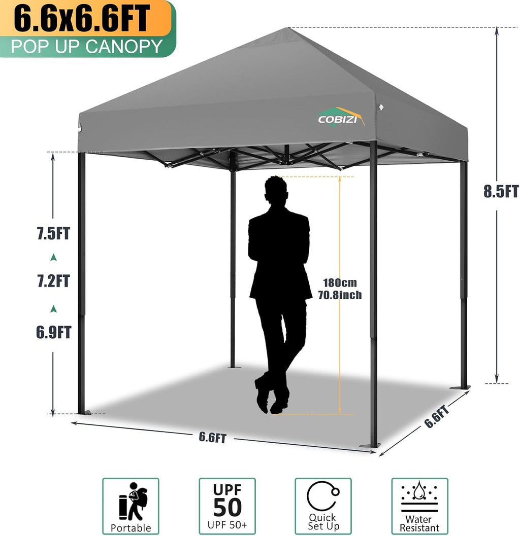 COBIZI 6.6x6.6ft Pop Up Canopy, Heavy Duty Tent Canopy Easy Set up All Weather Waterproof Outdoor Canopy Tent for Parties, Beach, Garden, Camping with 1 Handbag, 3 Adjustable Heights, UPF50+, Grey
