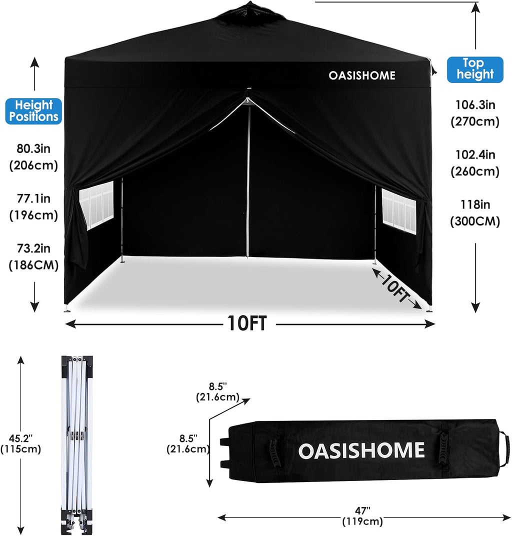 OASISHOME Canopy Tent 10'x10' Pop Up Gazebo with 1-Person Set Up, 4 Sidewalls, Wheeled Bag, Waterproof UV Protection Heavy-Duty Steel Frame Shelter for Patio Outdoor Wedding Party Event (Black,10x10)