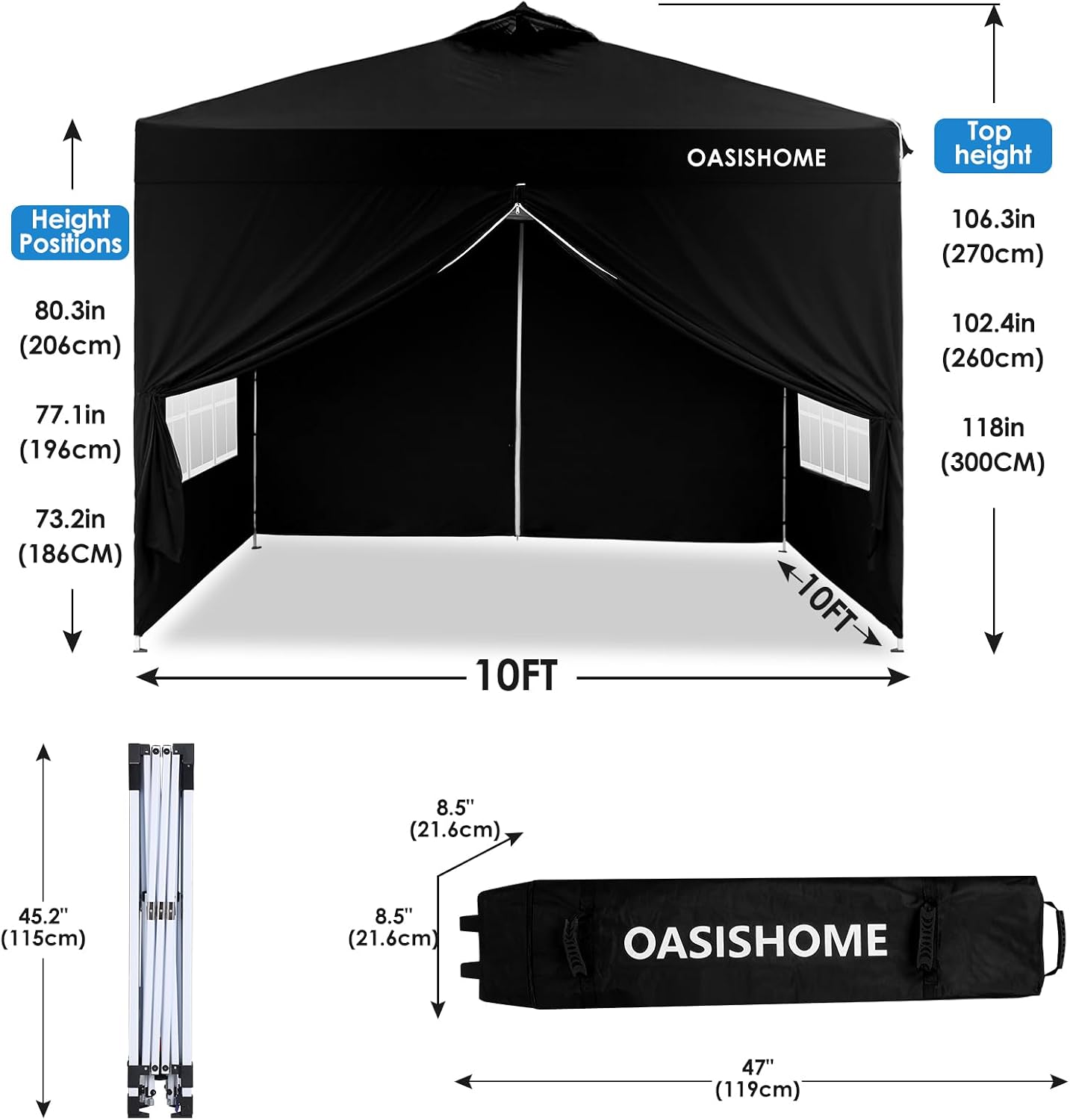 OASISHOME Canopy Tent 10'x10' Pop Up Gazebo with 1-Person Set Up, 4 Sidewalls, Wheeled Bag, Waterproof UV Protection Heavy-Duty Steel Frame Shelter for Patio Outdoor Wedding Party Event (Black,10x10)