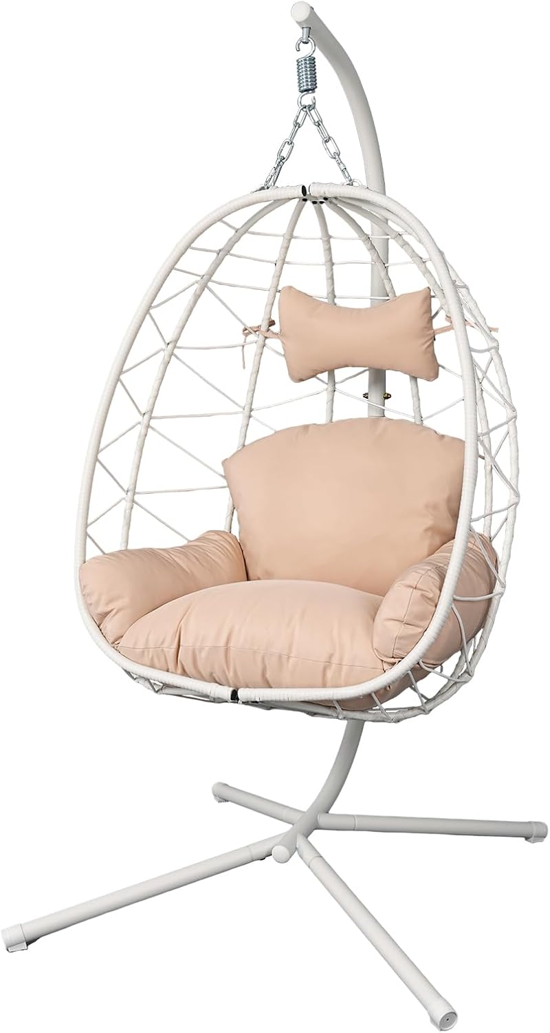 Egg Chair with Stand, Wicker Hanging Chair for Outdoor Patio, Cushioned Hammock Swing for Bedroom Garden Indoor/Outdoor, Double-Zipper Structure Hanging Egg Chair (White and Beige)
