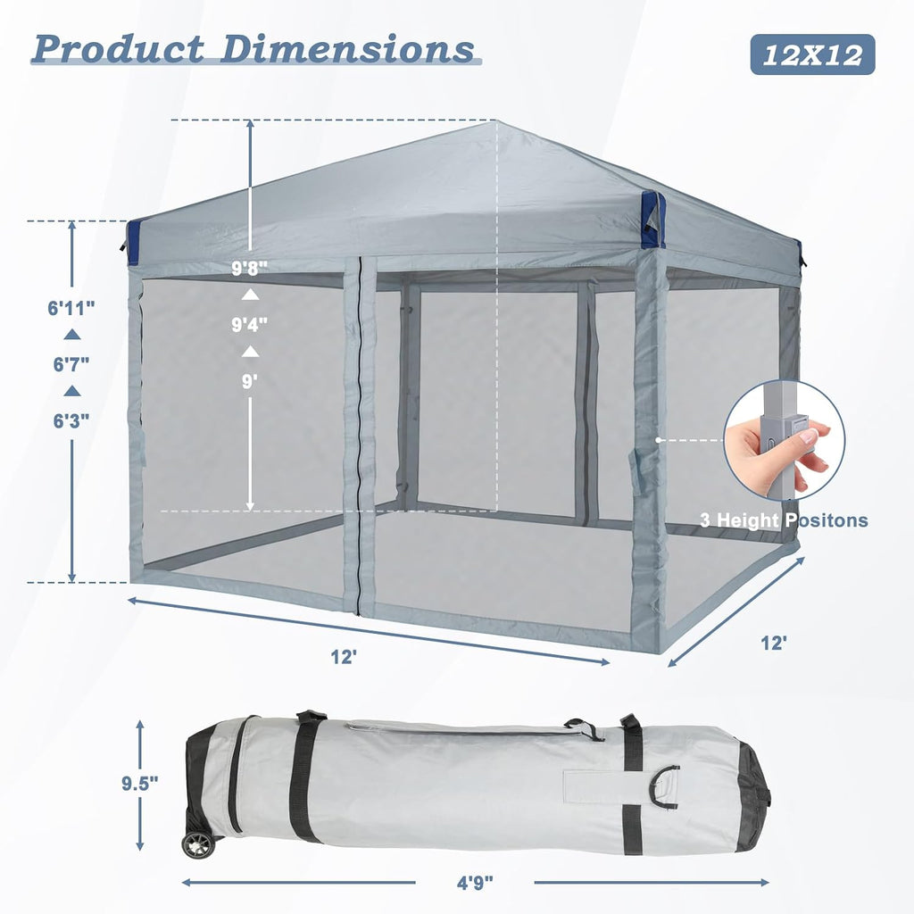 Aoodor 12x12 Ft Pop Up Canopy Tent with Netting, Water-Resistant 210D Oxford Fabric Shade, Easy Assembly Commercial Gazebo with Wheeled Carry Bag & 4 Sand Bags for Camping, Party, Gray