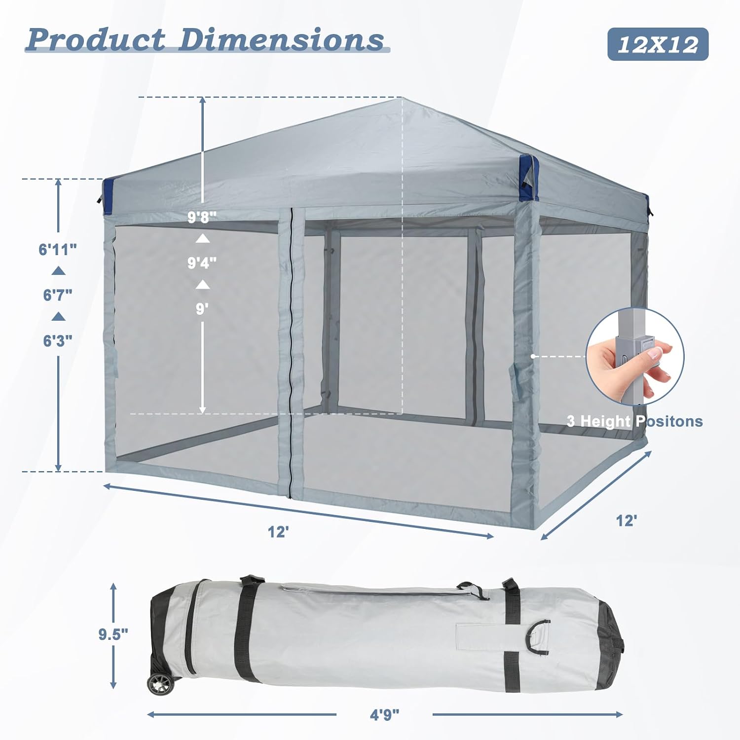 Aoodor 12x12 Ft Pop Up Canopy Tent with Netting, Water-Resistant 210D Oxford Fabric Shade, Easy Assembly Commercial Gazebo with Wheeled Carry Bag & 4 Sand Bags for Camping, Party, Gray