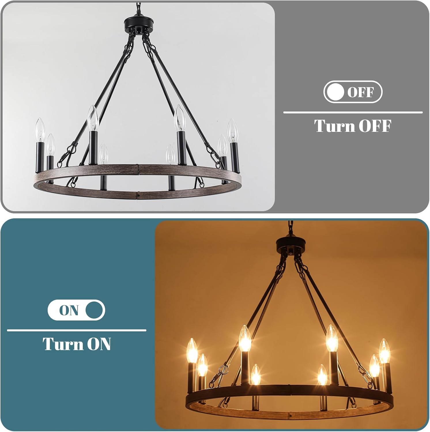 ETONIMERR Plug in Chandelier Wagon Wheel, 8 Light 23.6'' Round Farmhouse Hanging Light with Plug in Cord, Dining Room Plug in Pendant Light with Wood Grain Finish,Outdoor Chandelier for Gazebo Porch