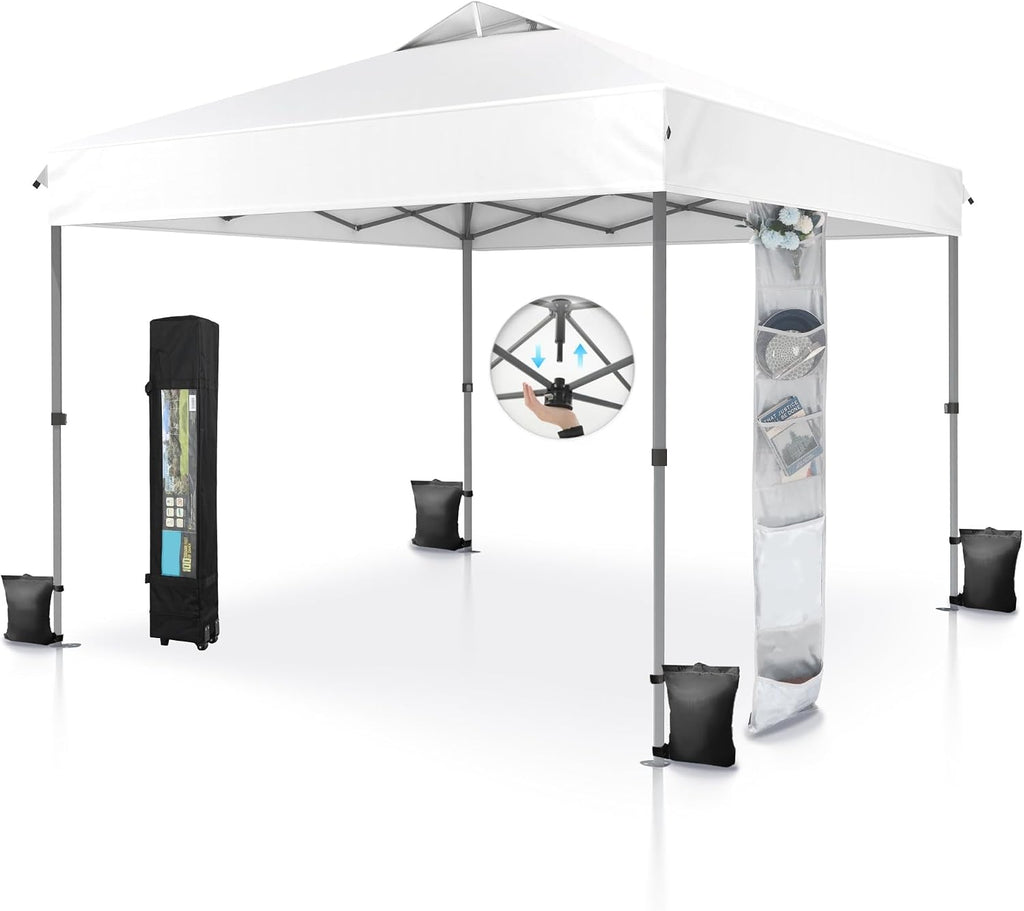 MFSTUDIO 10x10 Pop up Canopy Tent, Gazebo Shelter Sun Shade Canopies One Push Setup Portable Popup Easy Set up Tents with Vented Top,Storage,4 Sandbags,for Beach,Parties,Camping