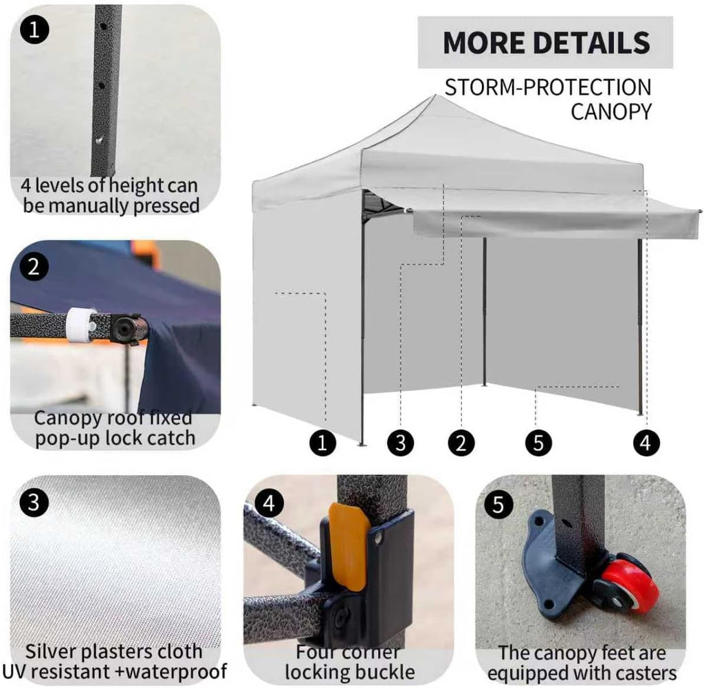 10x10 Pop up Canopy Tent with Awning Easy up Canopy with Wheel Bag Heavy Duty Waterproof Canopy Commercial Gazebo Tent for Outdoors Parties Vendors (Light Grey)