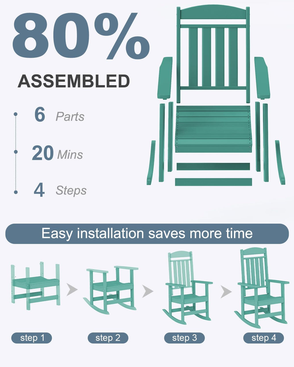 NAVINE Outdoor Rocking Chairs Set of 2, Oversized High Back Patio Rocking Chairs, All Weather Porch Rocking Chairs for Outside. Lake Blue
