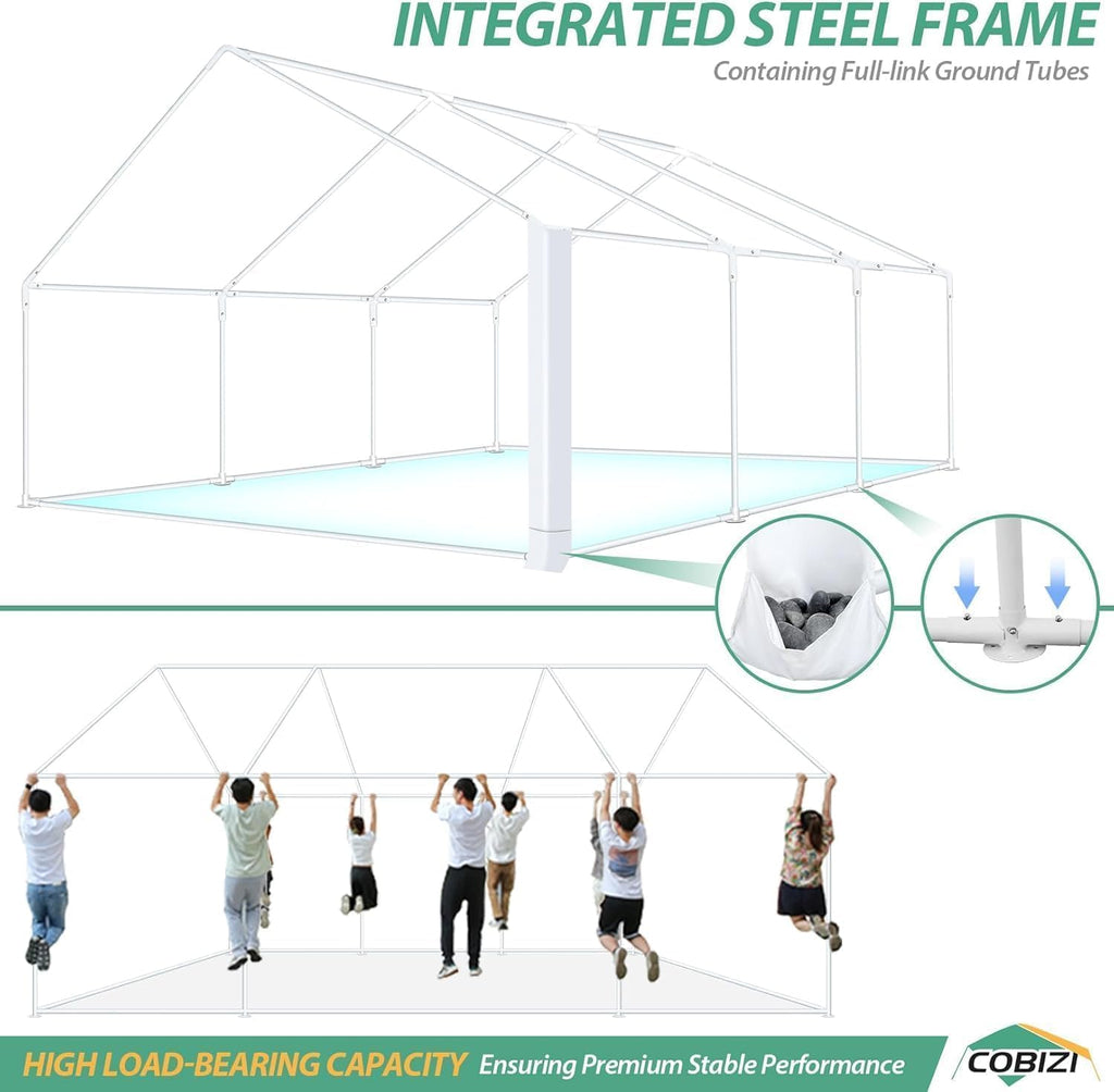 COBIZI 20x20 Heavy Duty Party Tent Outdoor Waterproof Canopy with 10 Church Windows & 6 Sidewalls, Built-in Sandbag, White Powder Coating Commercial Event Shelter Tents for Parties Wedding BBQ Patio