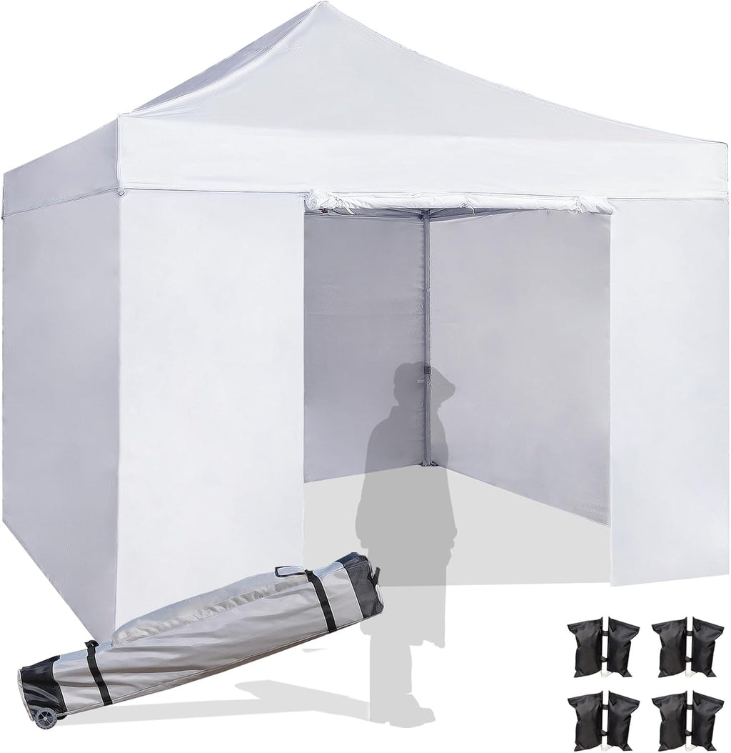 Easy 10x10 Pop Up Canopy Tent with 4 Sidewalls, Heavy Duty Commercial Use, Peak Tensioner Frame, Industry-Leading 3000mm Waterproof, 500D Silver Coated, Wheeled Bag, Sandbags, Stakes & Ropes, White