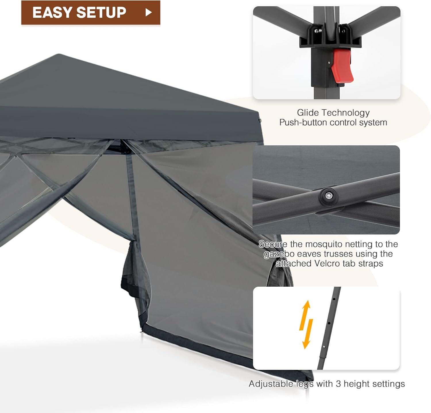 10x10 Pop Up Canopy Tent, Slant Leg Instant Screened Gazebo with Mesh Walls, UV Protection, Water Resistant, Gray
