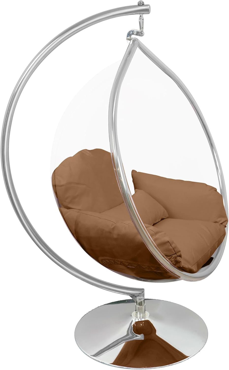 Hanging Chair - Transparent Acrylic Bubble, Waterdrop Shape, Indoor Swing Chair with Gold/Chrome Stand, Durable Fabric Cushion - Luxury Accent for Living Room, Bedroom (Chrome/LightCoffee)