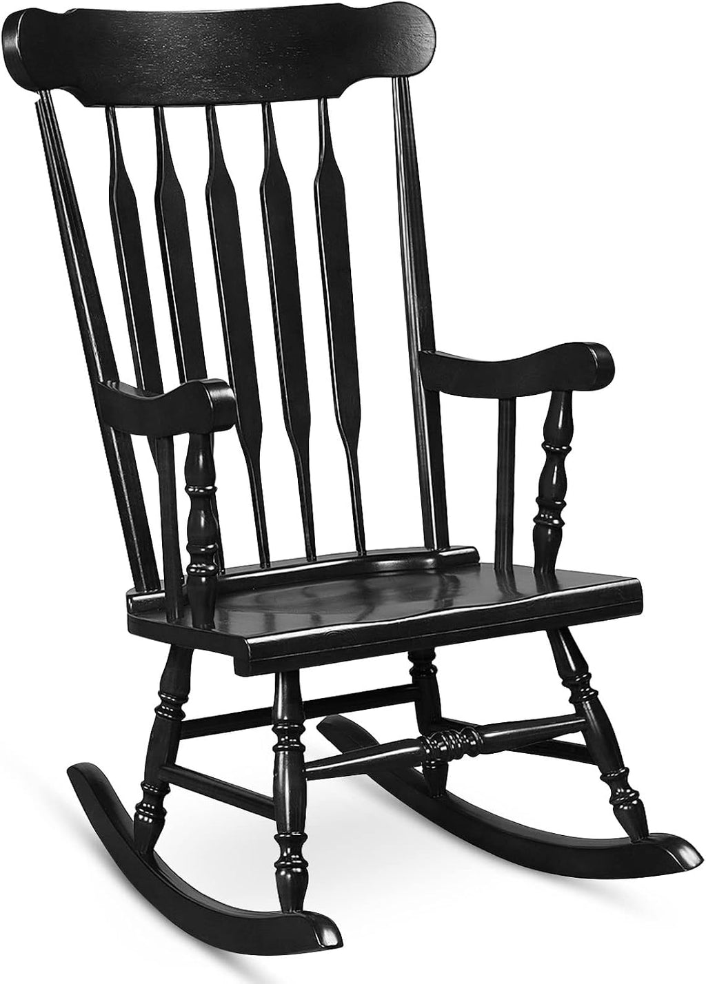 Tangkula Patio Rocking Chair Solid Rubber Wood, Outdoor Porch Rocker Chair with Rubber Wood Frame, Indoor Wooden Rocking Chair, Ideal for Garden, Backyard & Balcony (1, Black)