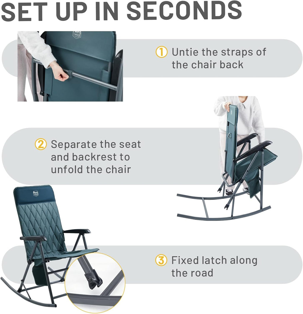 Timber Ridge 3-Level Adjustable Rocking Camping Chair, Ergonomic Padded High Back, Supports 300 LBS, Stable Anti-Tip Rocker, Hard Armrests for Easy Standing, Portable for Patio, Lawn & Tailgating