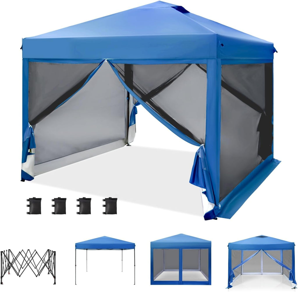 MFSTUDIO 10'x10' Pop Up Canopy Tent with Netting, Portable Instant Folding Canopy, Outdoor Canopy Screen Event Tent with 4 Zippered Mesh Netting for Garden, Blue
