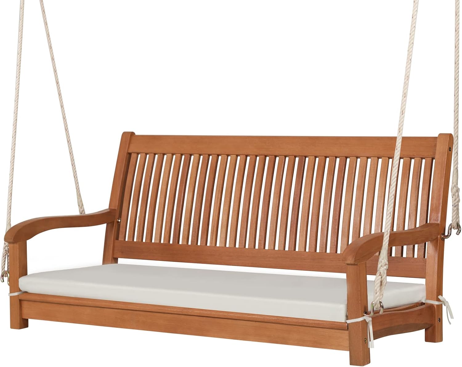 Tangkula 2 Person Hanging Porch Swing, Outdoor Bench Swing with Hanging Ropes, High Back, Cozy Armrests, Heavy Duty 800Lbs Wooden Hanging Swing Chair with Cushion for Backyard, Deck, Garden Natural