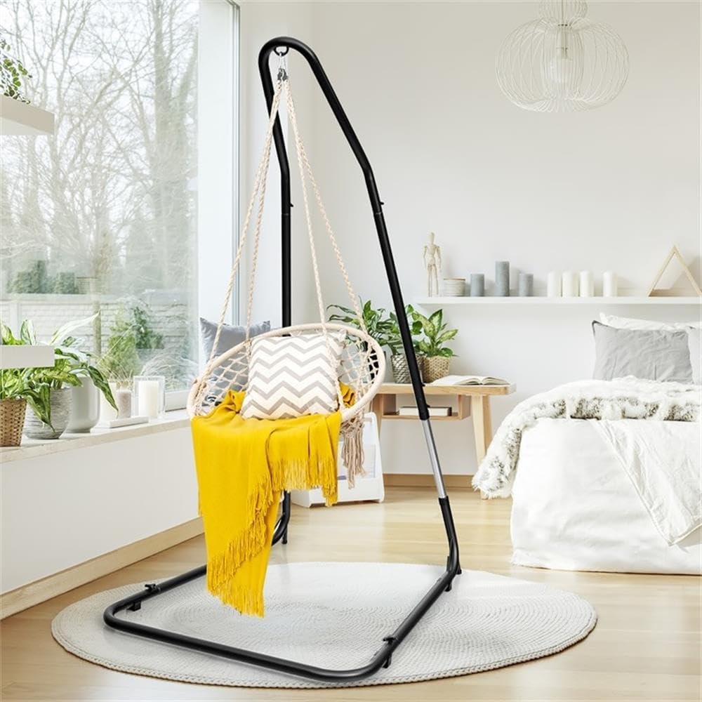 Pemberly Row Adjustable Hammock Chair Stand, 77-93 in, Steel Frame, Black Finish, Anti-Slip Footpads, Supports 330 Lbs, Lightweight Portable Design for Patio, Porch, Backyard